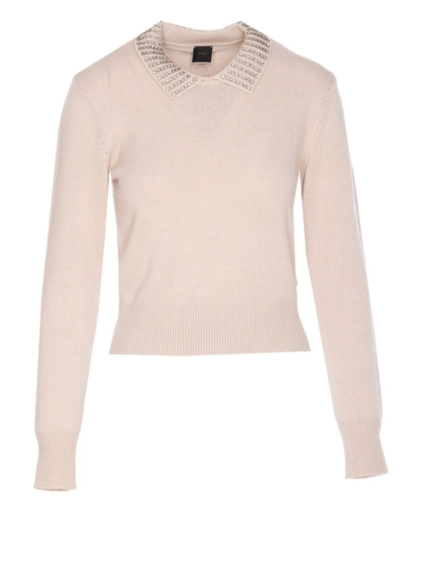 Pinko Rhinestone-Embellished Gray Sweater With Fitted Silhouette