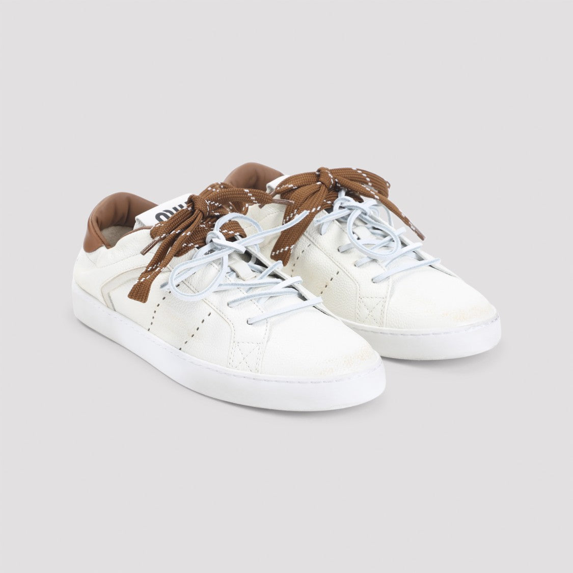 Miu Miu Laced White Sneakers With Grained Calf Leather Accents