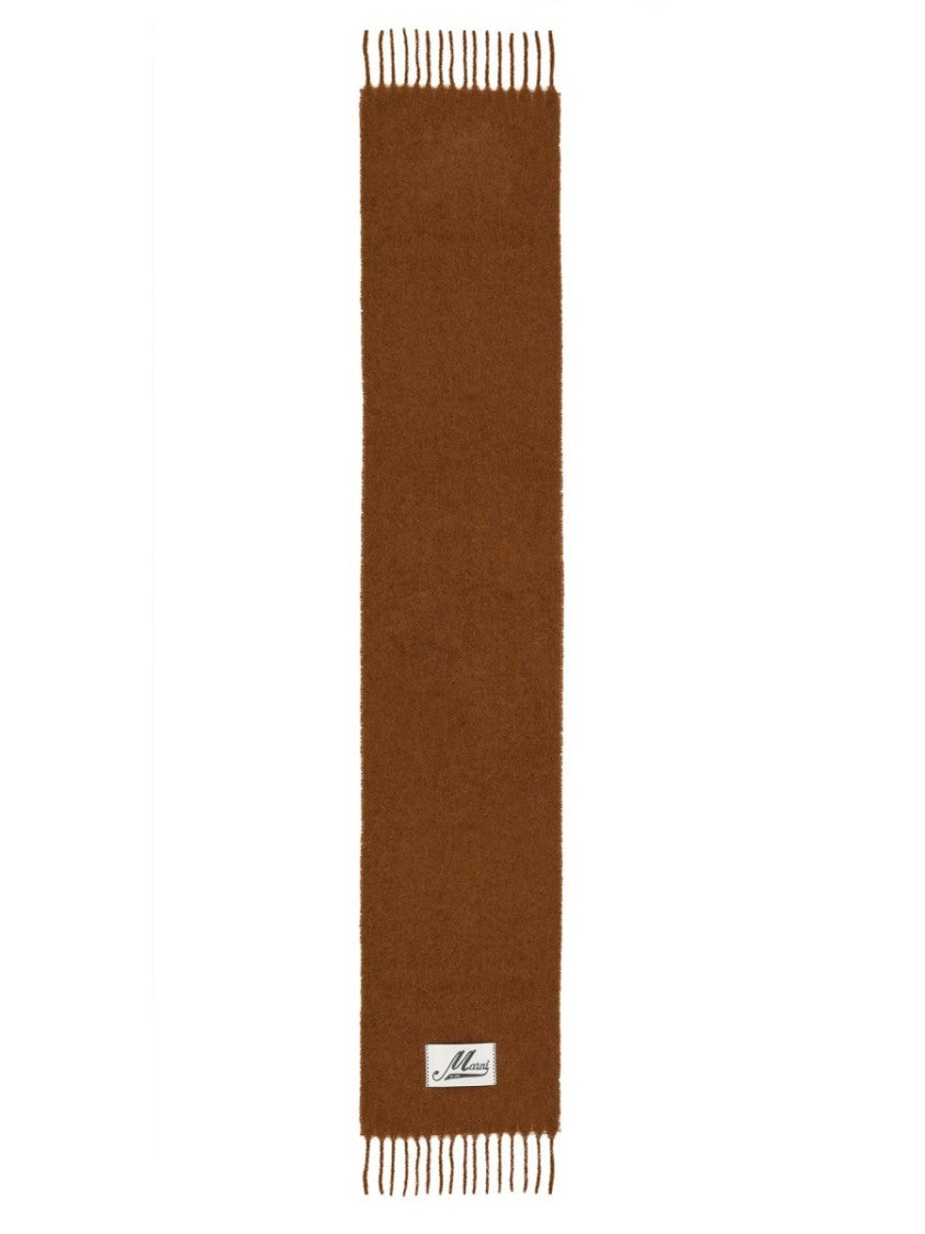 Marni Brown Woven Alpaca Blend Scarf With Delicate Fringes