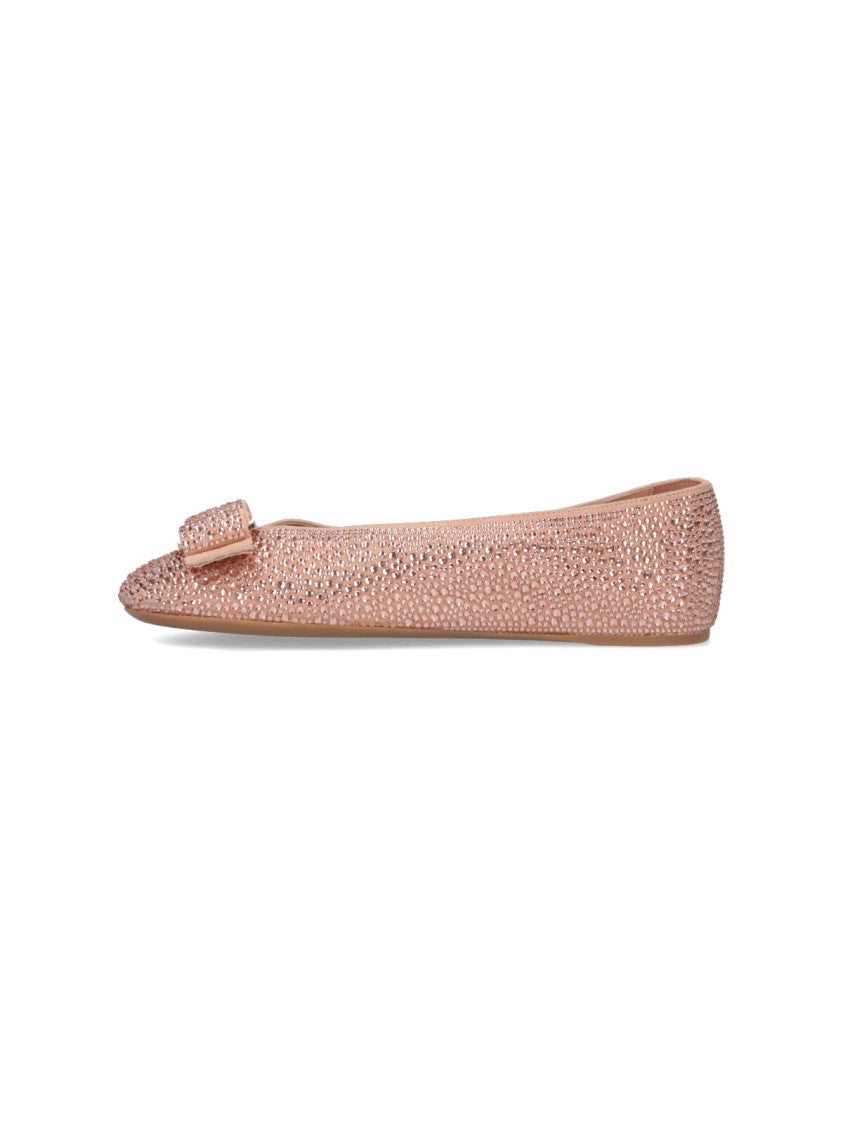 Ferragamo Pointed Toe Pink Flats With Sparkling Embellishments