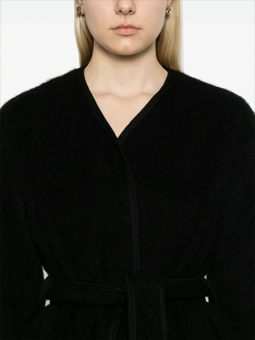 Baserange Cropped Black Wool Jacket With Wrap-Style Front And Belt