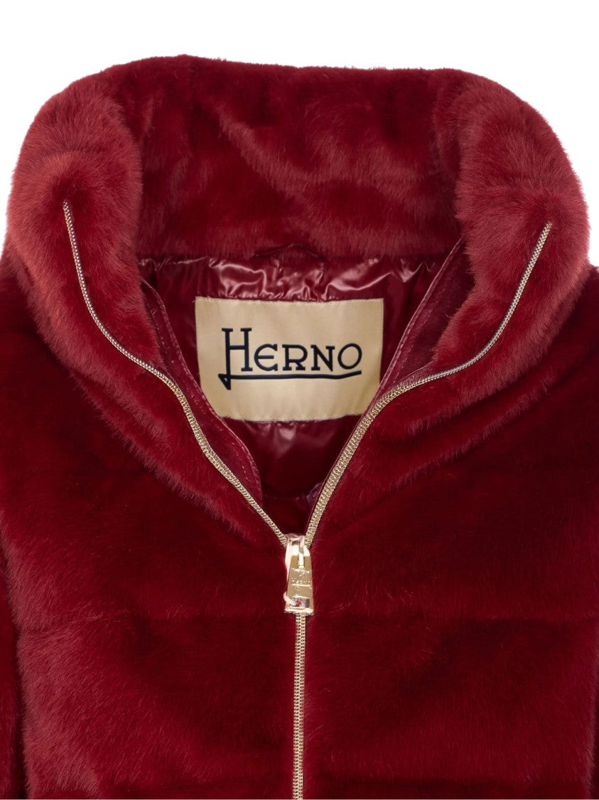 Herno Plush Bordeaux Synthetic Fur Jacket With High Collar