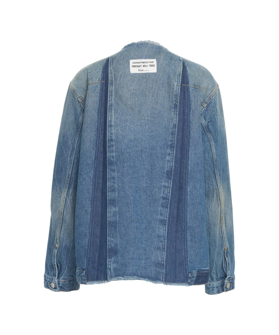 Department Five Collarless Blue Denim Jacket With Relaxed Fit And Textured Details