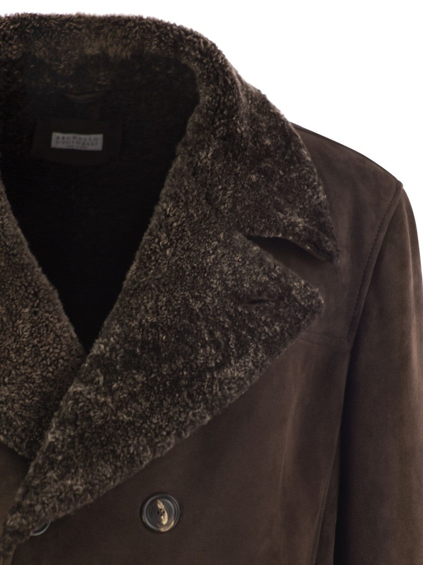Brunello Cucinelli Double-Breasted Shearling Outerwear With Horn Button Closure