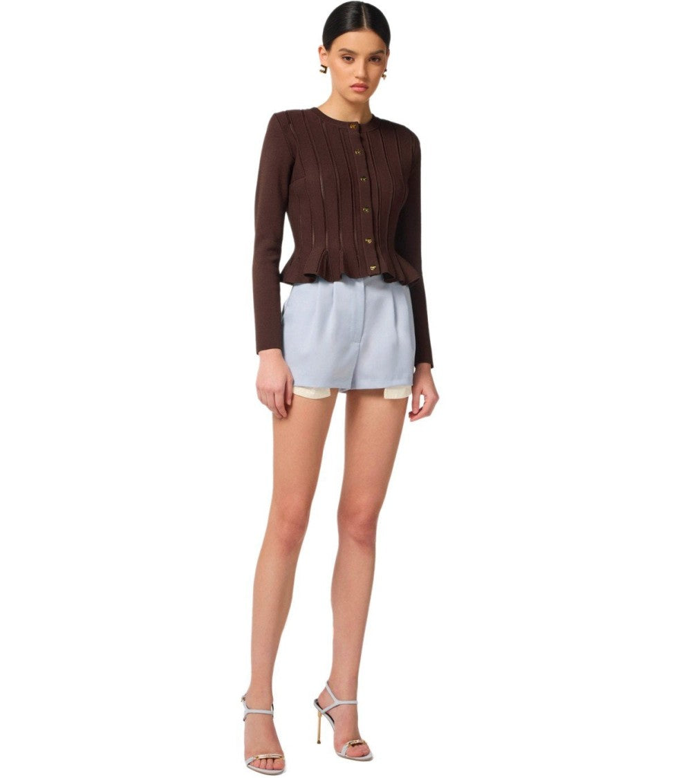 Elisabetta Franchi Peplum Hem Cardigan With Gold Logo Buttons And Sheer Panels