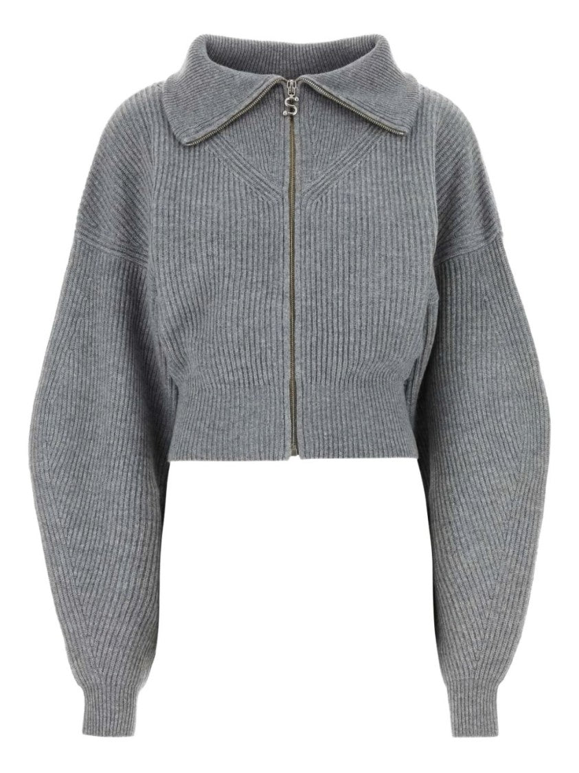 Sportmax Cropped Ribbed Knit Sweater With Balloon Sleeves And Zip Fastening
