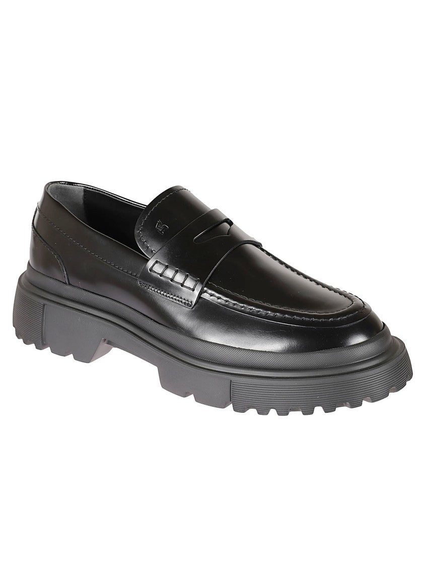 Hogan Black Leather Moccasin With Embossed Logo