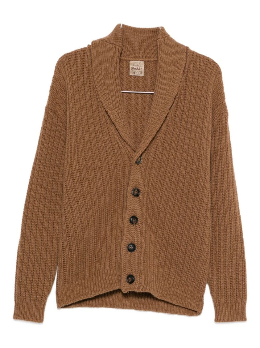Rakki' Ribbed Shawl-Collar Brown Knit Sweater