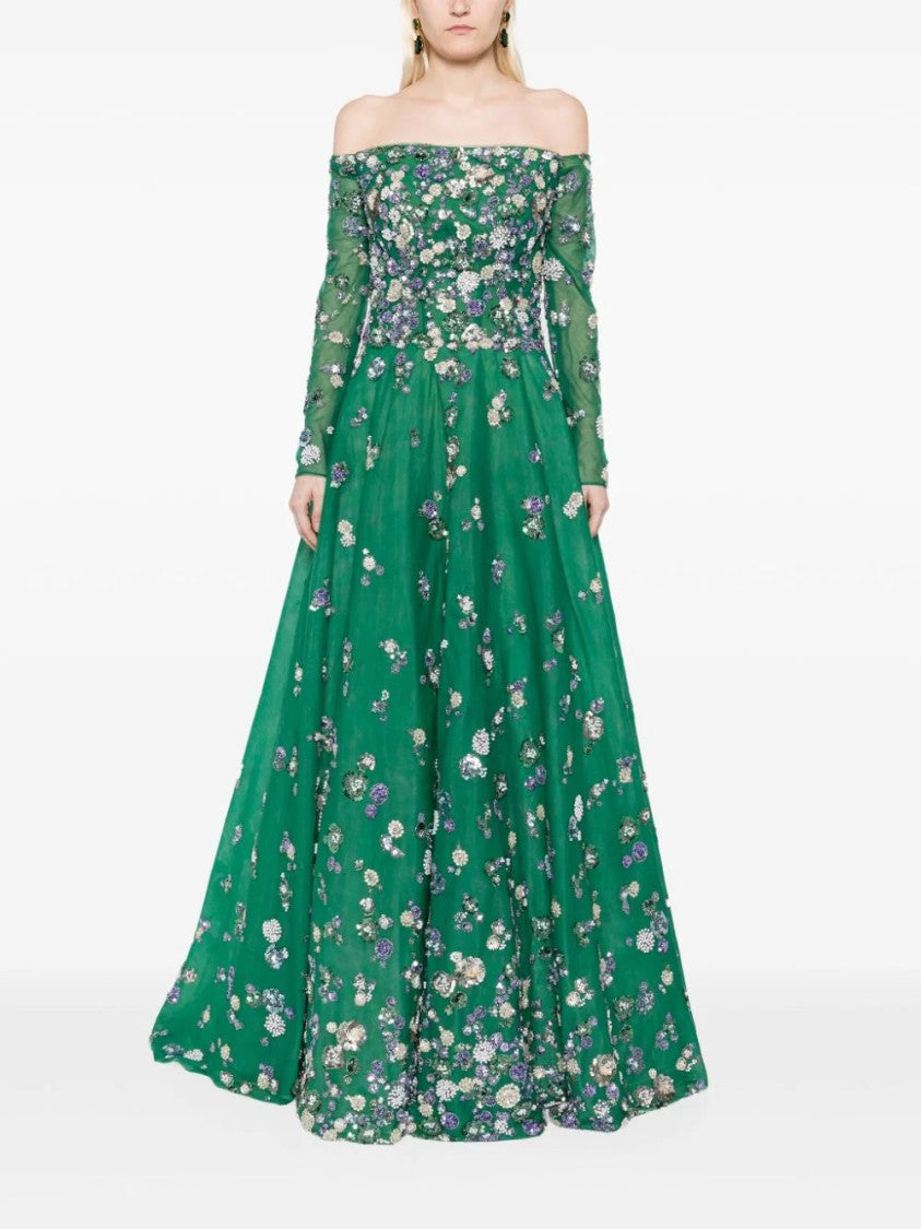 Saiid Kobeisy Tulle Beaded Dress With Off-Shoulder Sleeves
