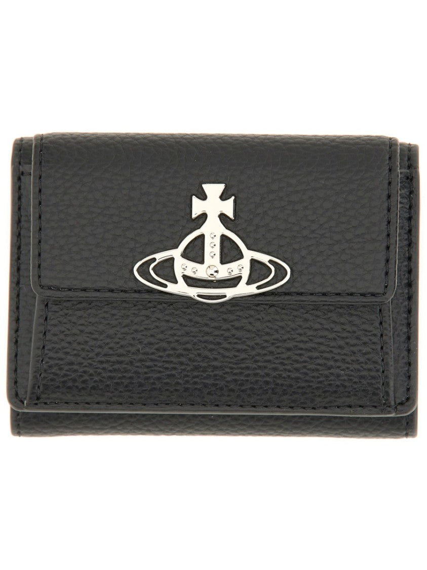 Vivienne Westwood Textured Black Flap Purse With Signature Emblem