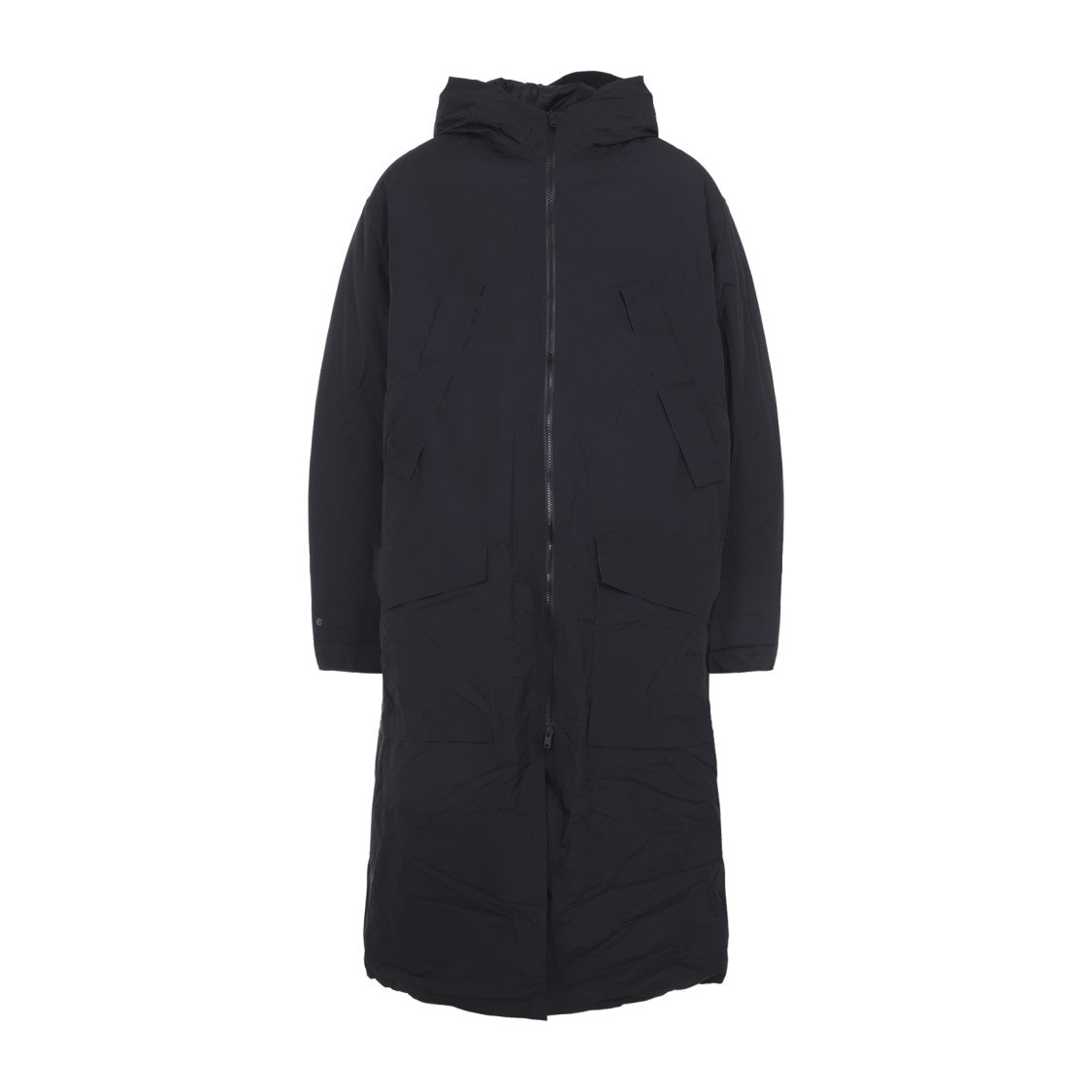 Y-3 Minimalist Black Long Coat With Flap Pockets And Hood