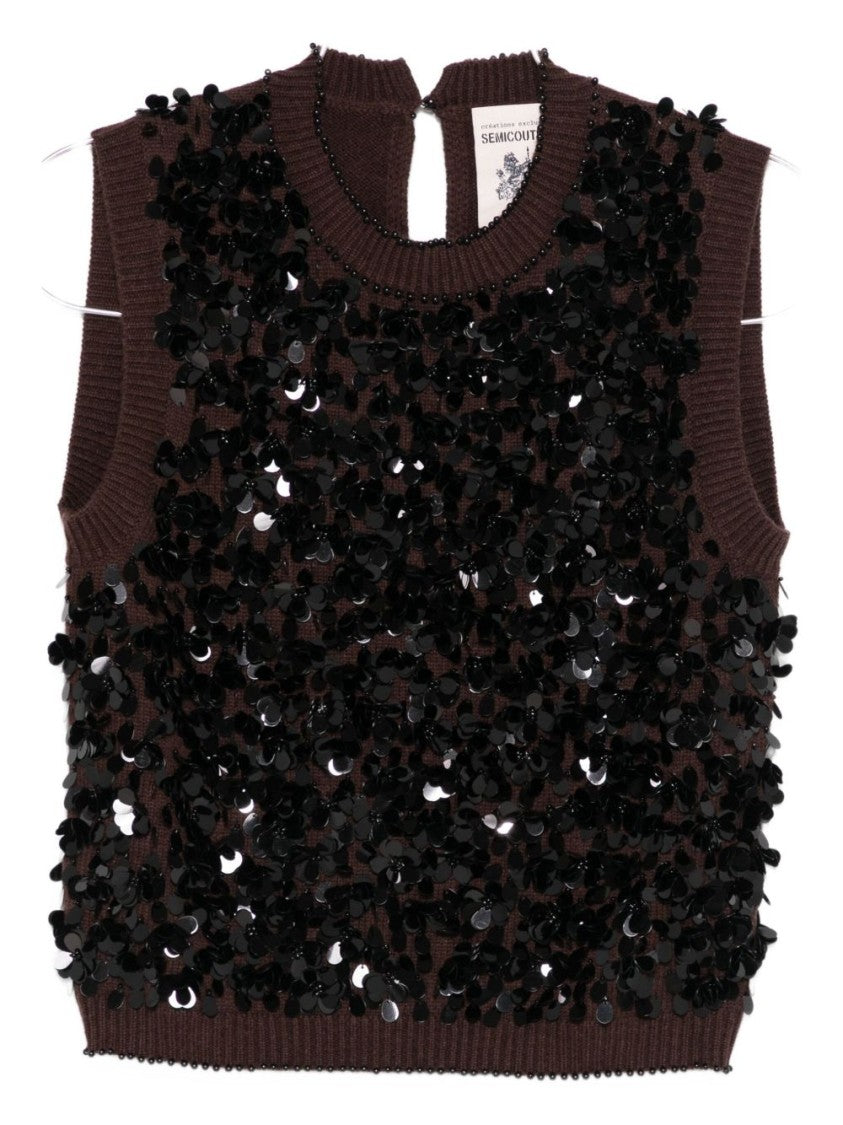 Semi Couture Sleeveless Brown Sweater With Sequined Embellishments