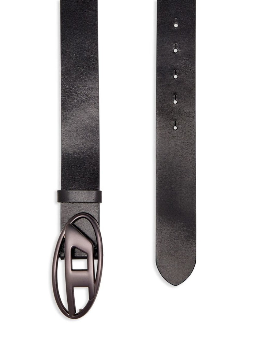 Diesel Black Leather Belt With Geometric Oval Buckle