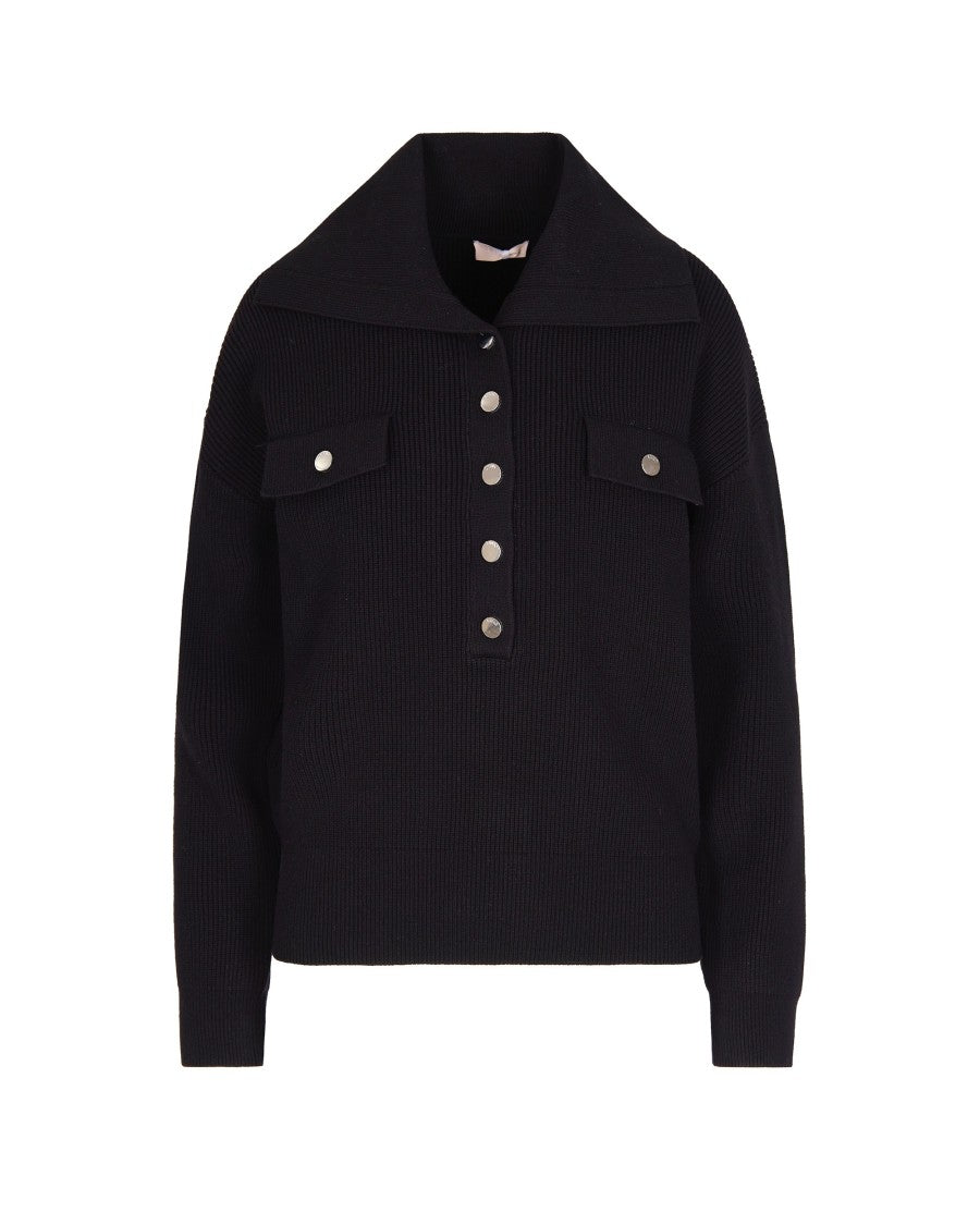Liu Jo Ribbed Knit Top With Oversized Collar And Metallic Button Details