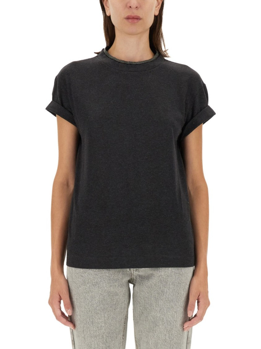 Brunello Cucinelli Classic Black Jersey T-Shirt With Subtle Keyhole Detail