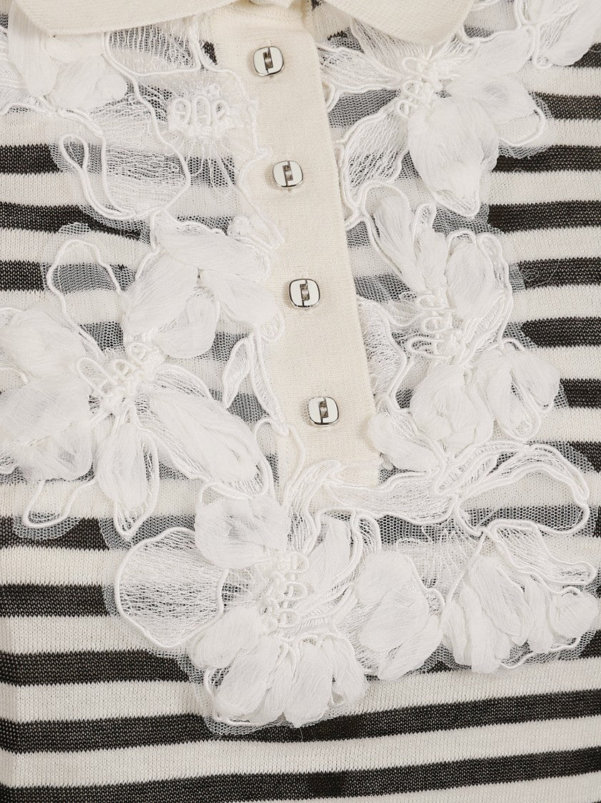 Ermanno Scervino Collared Striped T-Shirt With Floral Appliqué