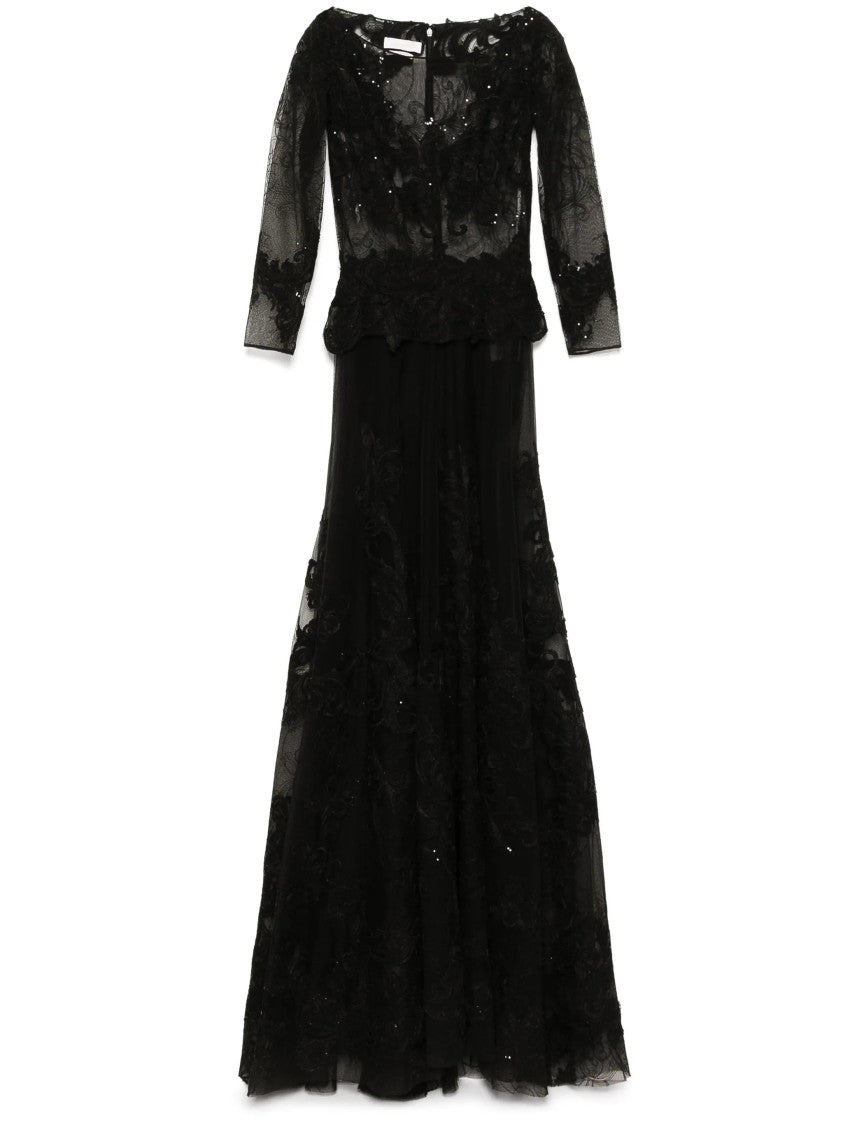 Saiid Kobeisy Jet Black Embroidered Long Dress With A-Line Silhouette