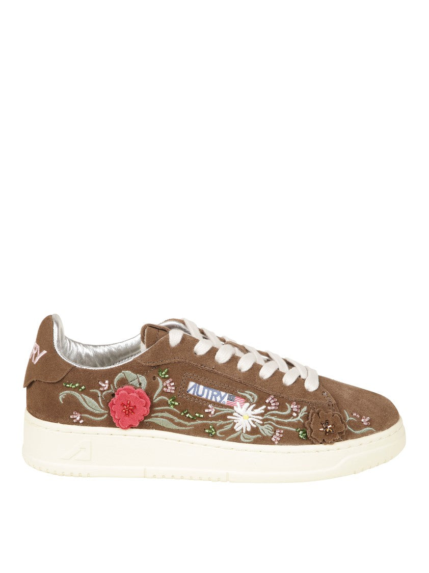 Autry Low-Top Sneakers With Floral Embroidery In Rich Brown