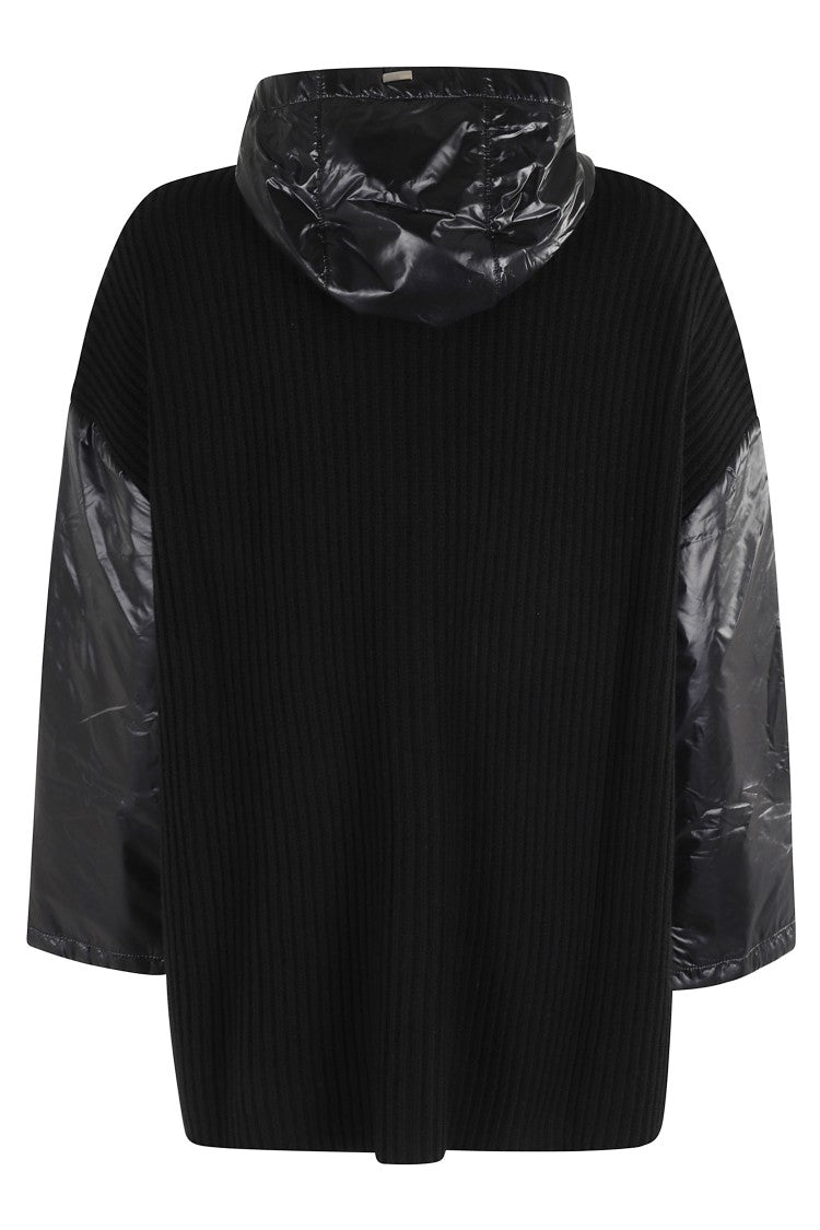 Herno Ribbed Wool Cape With Drawstring Hood And Contrasting Sleeves