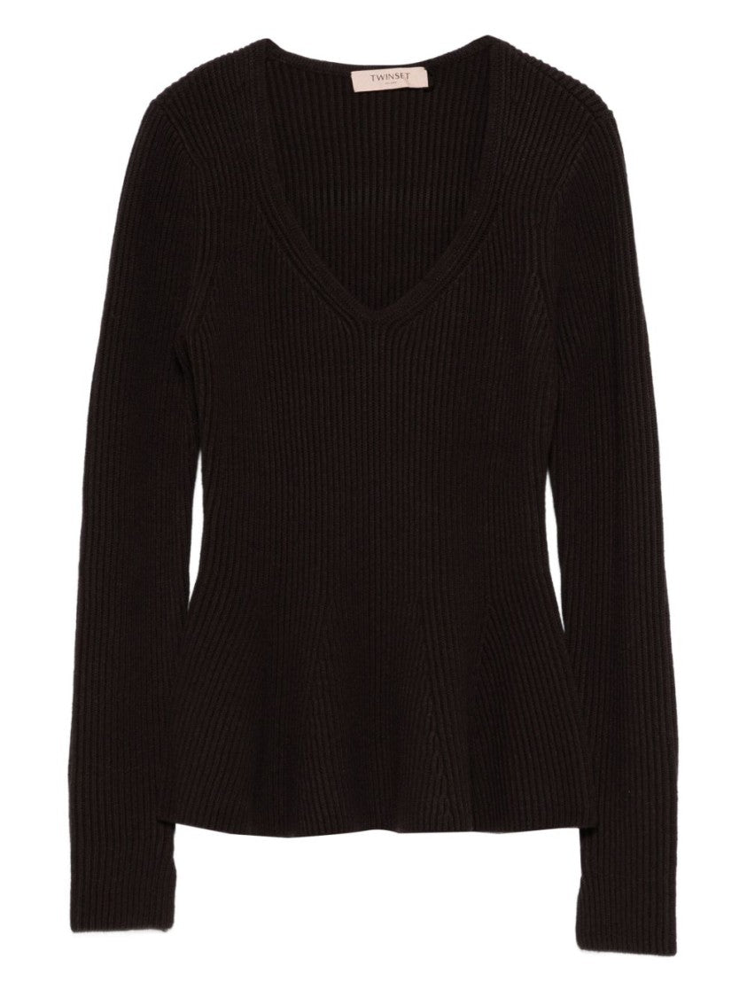 Twin-Set Fitted Ribbed Knit Sweater With Deep V-Neckline