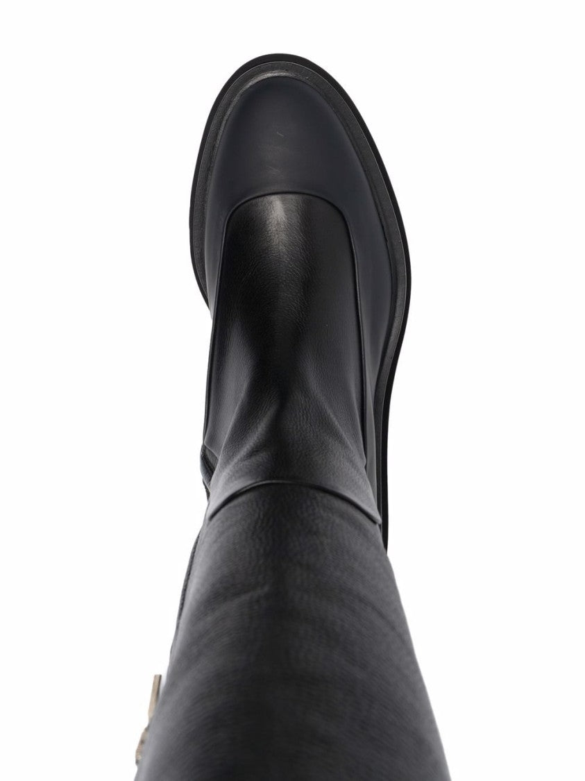 Santoni Black Ribbed Leather Knee-High Boots