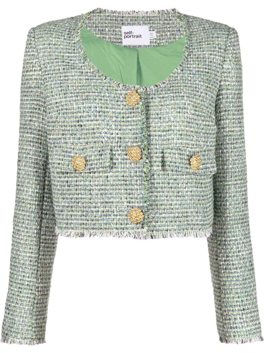 Self-Portrait Green Boucle Cropped Jacket