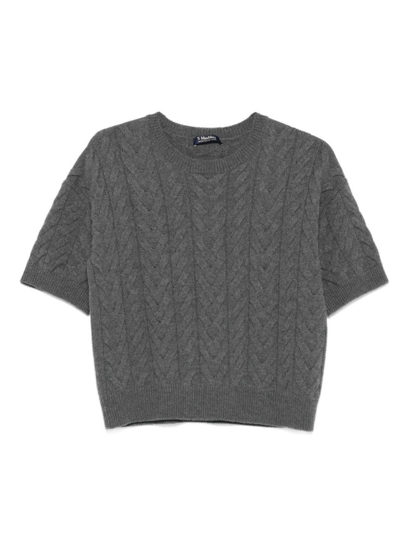 Max Mara Cropped Grey Cable Knit Sweater With Round Neckline
