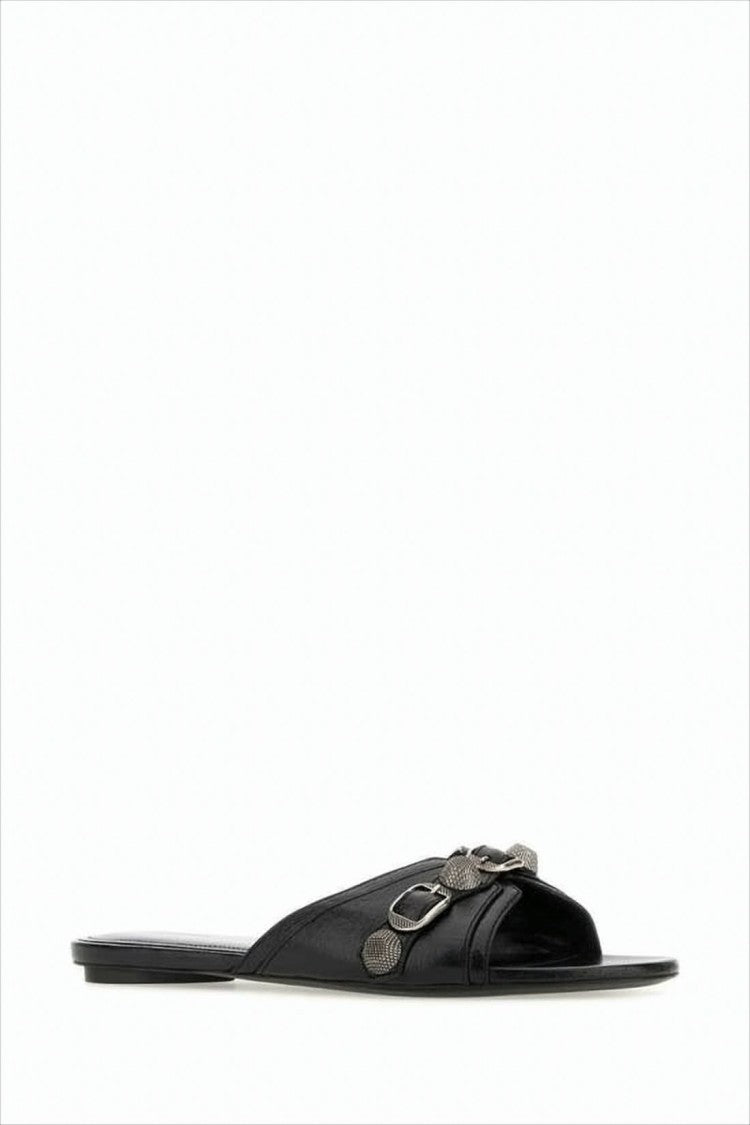 Balenciaga Flat Black Mule Slipper With Metallic Buckle Details