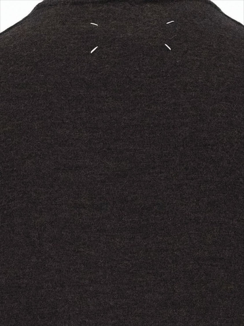 Maison Margiela Brown Wool Sweater With Suede Elbow Patches And Unique Stitch Detail