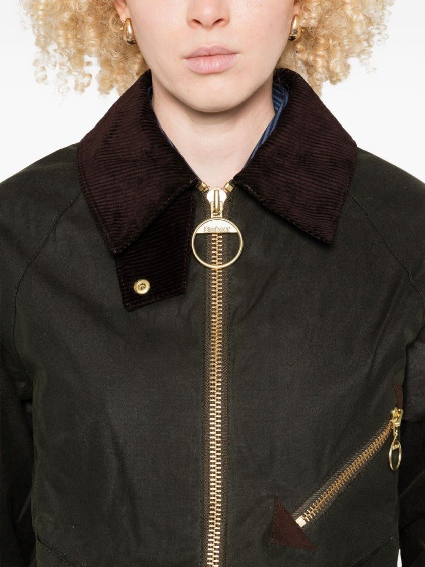 Barbour Cropped Dark Green Jacket With Corduroy Collar