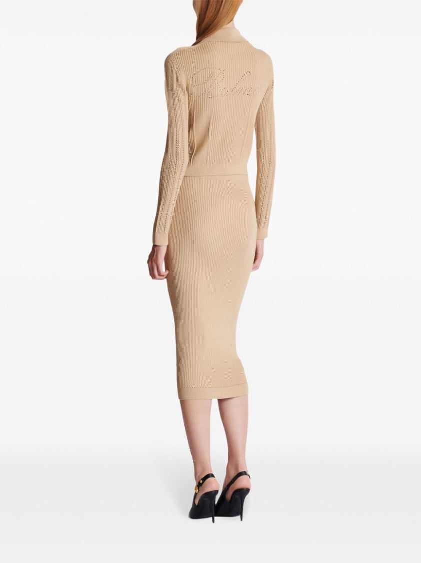 Balmain Cropped Ribbed Knit Sweater With Classic Collar And Button Details