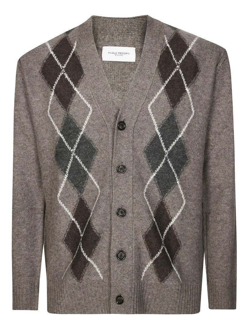 Paolo Pecora Argyle Pattern Cardigan In Muted Taupe