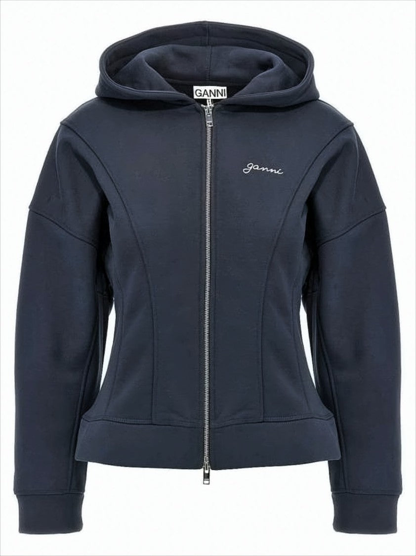 Ganni Fitted Blue Organic Cotton Hoodie With Structured Seam Detailing
