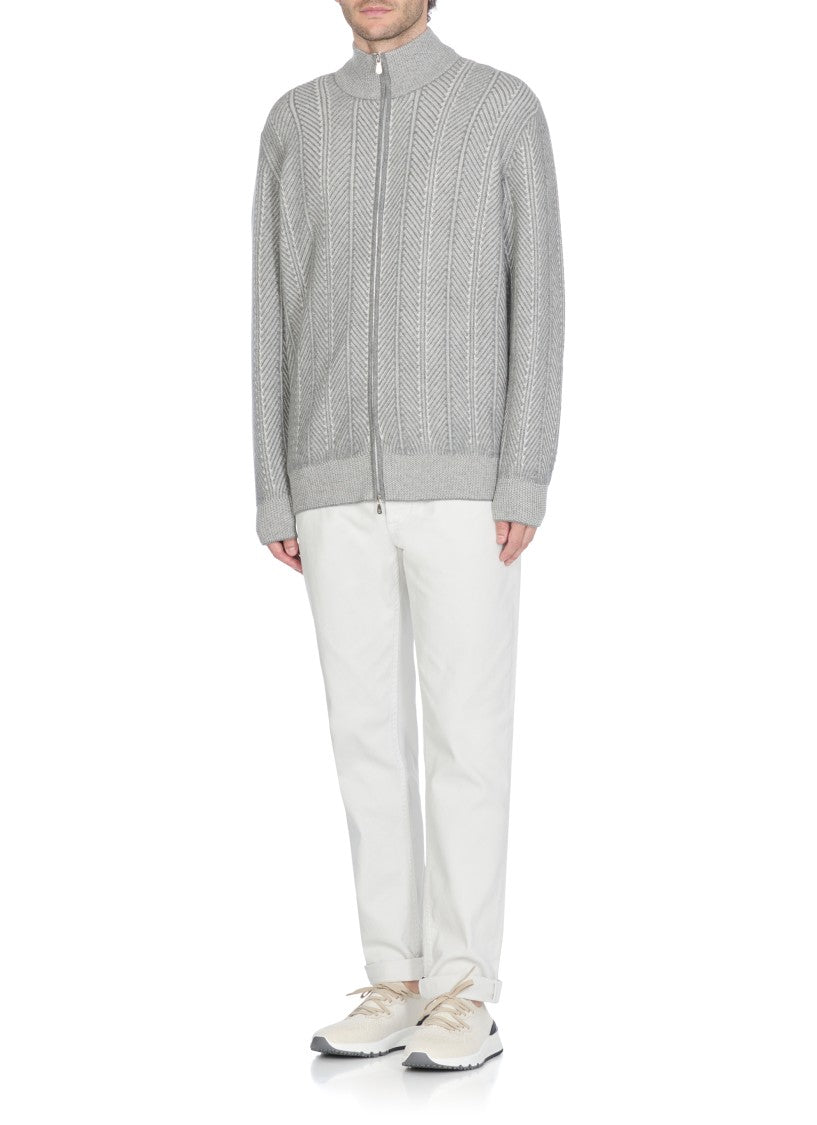Brunello Cucinelli Grey Cashmere Cardigan With High Neck