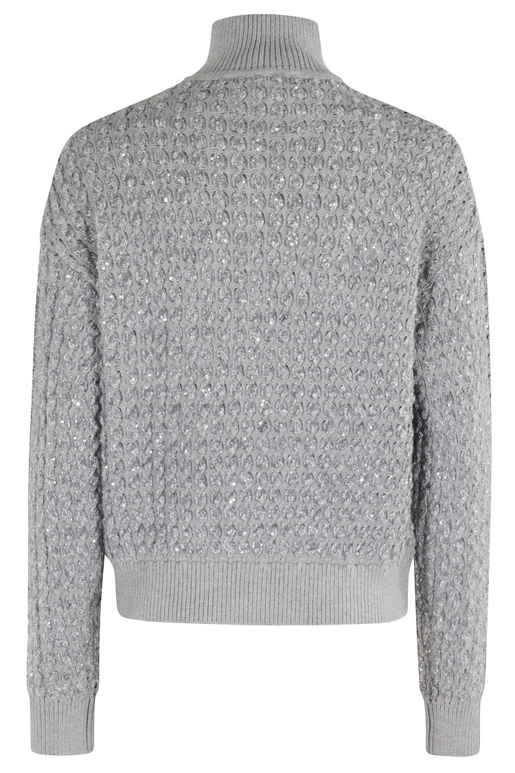 Elisabetta Franchi Cable Knit Tricot Sweater With Sequined Inserts And High Neck