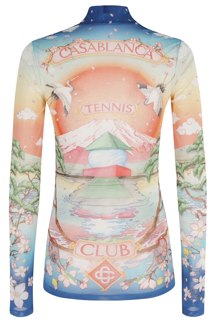 Casablanca High Neck Tulle Top With Multicolor Landscape Print