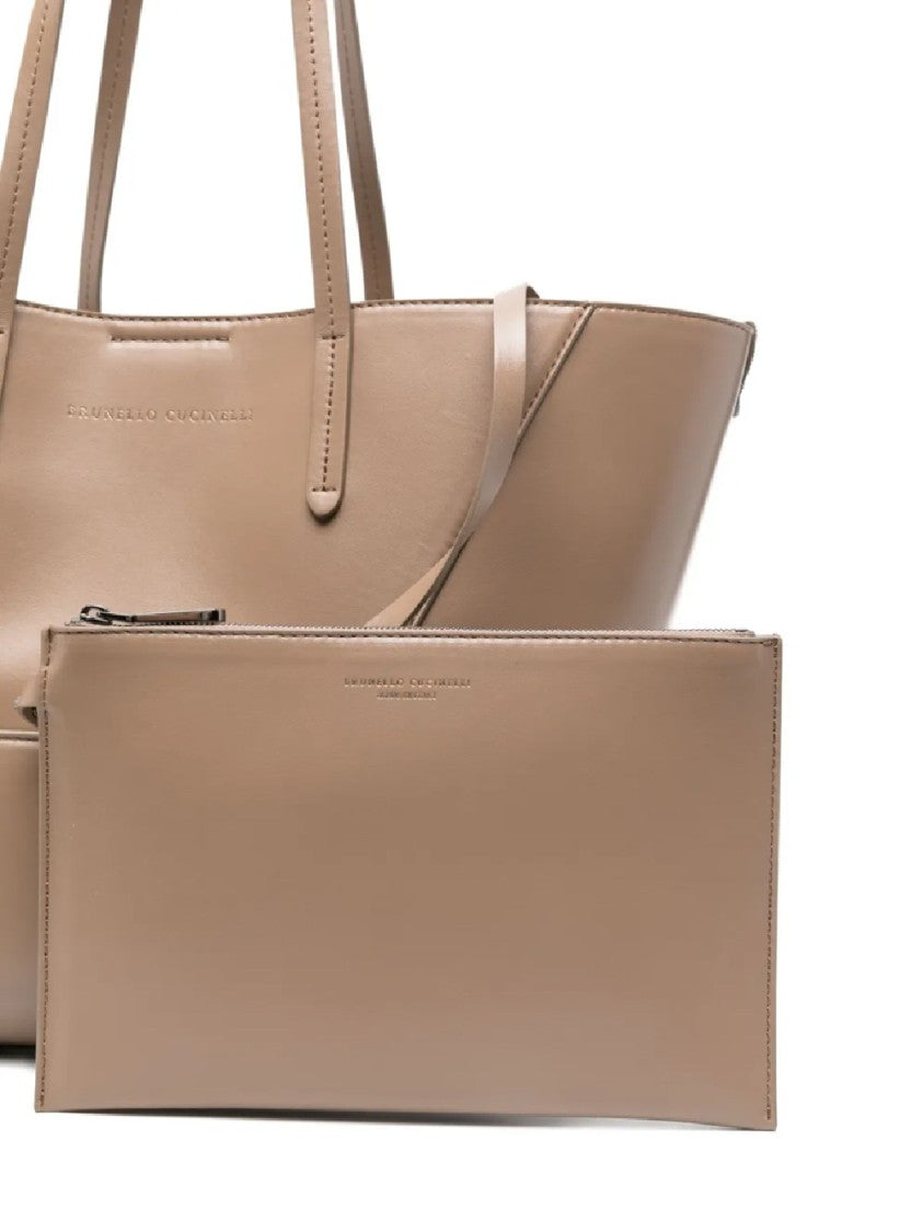 Brunello Cucinelli Geometric Panel Brown Tote Bag With Detachable Pouch
