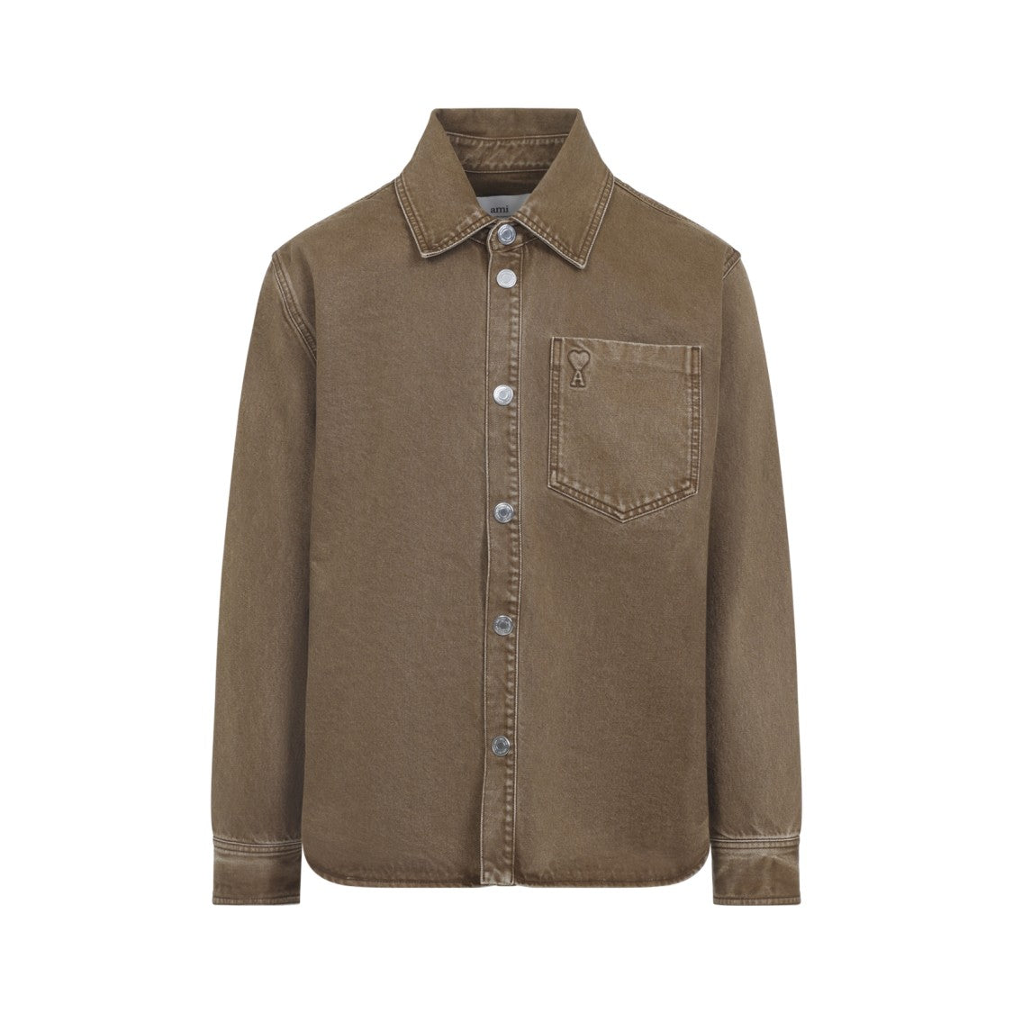 Ami Brown Cotton Shirt With Classic Collar And Embroidered Pocket