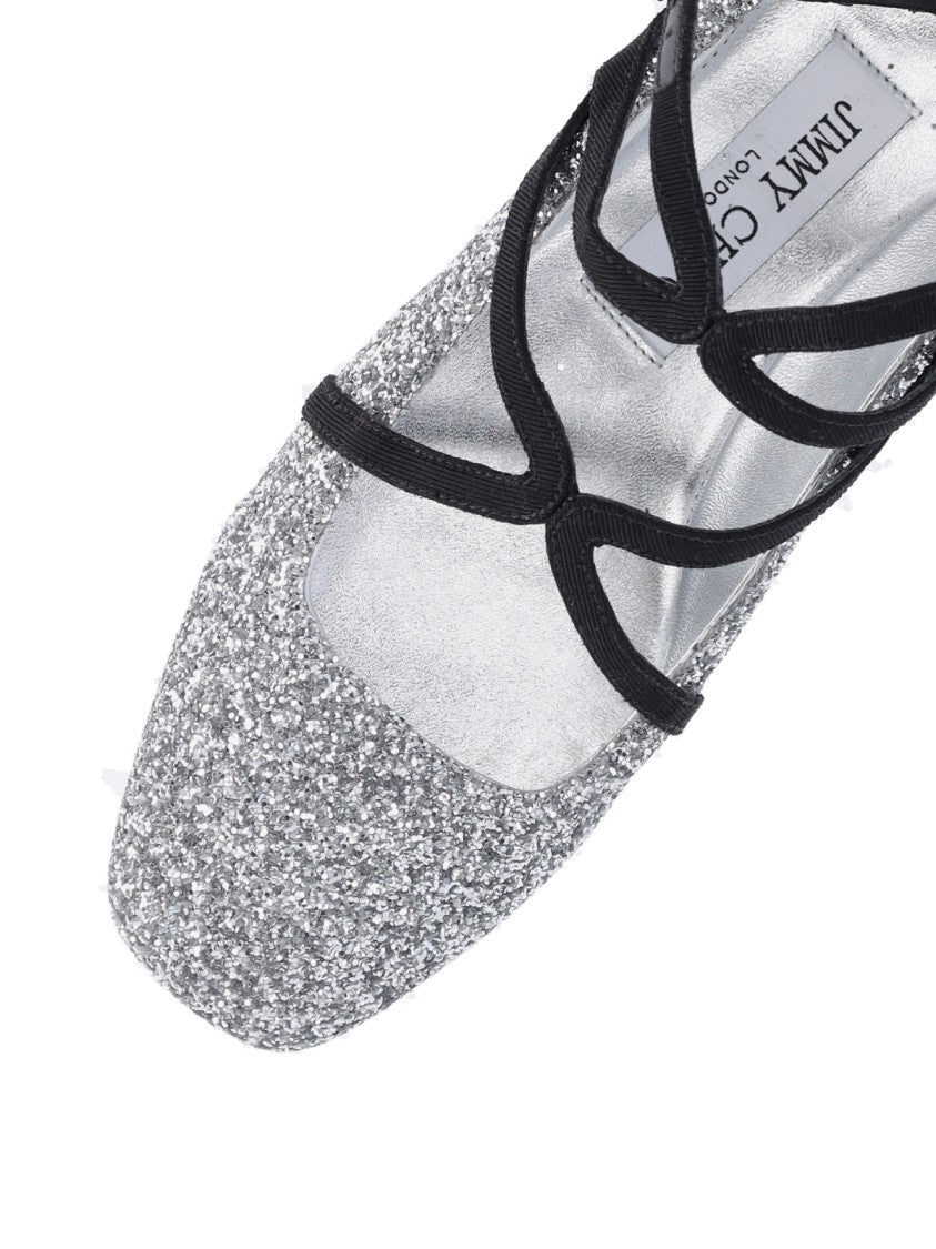 Jimmy Choo Pointed-Toe Glitter Ballerina Flats With Adjustable Ankle Strap