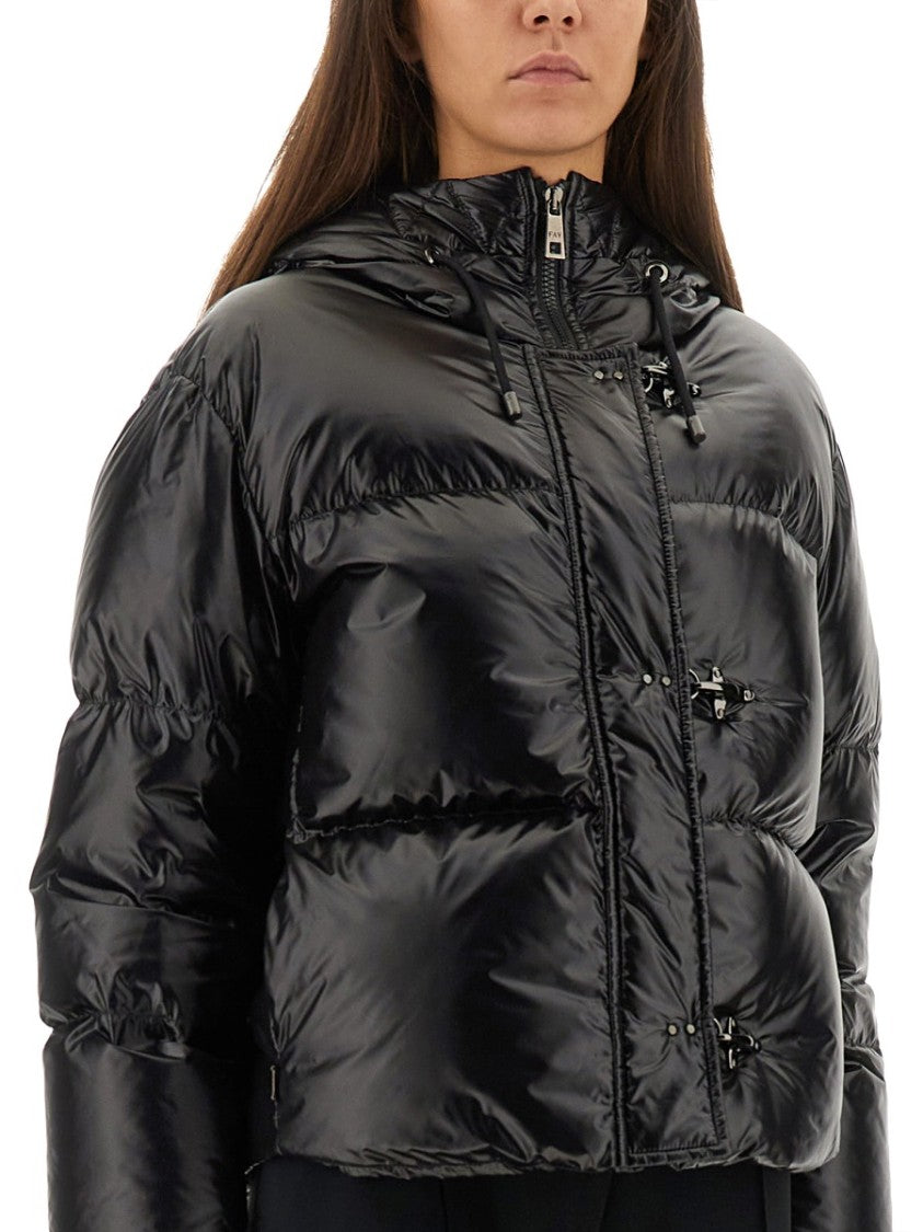 Fay Cropped Black Quilted Jacket With Hood