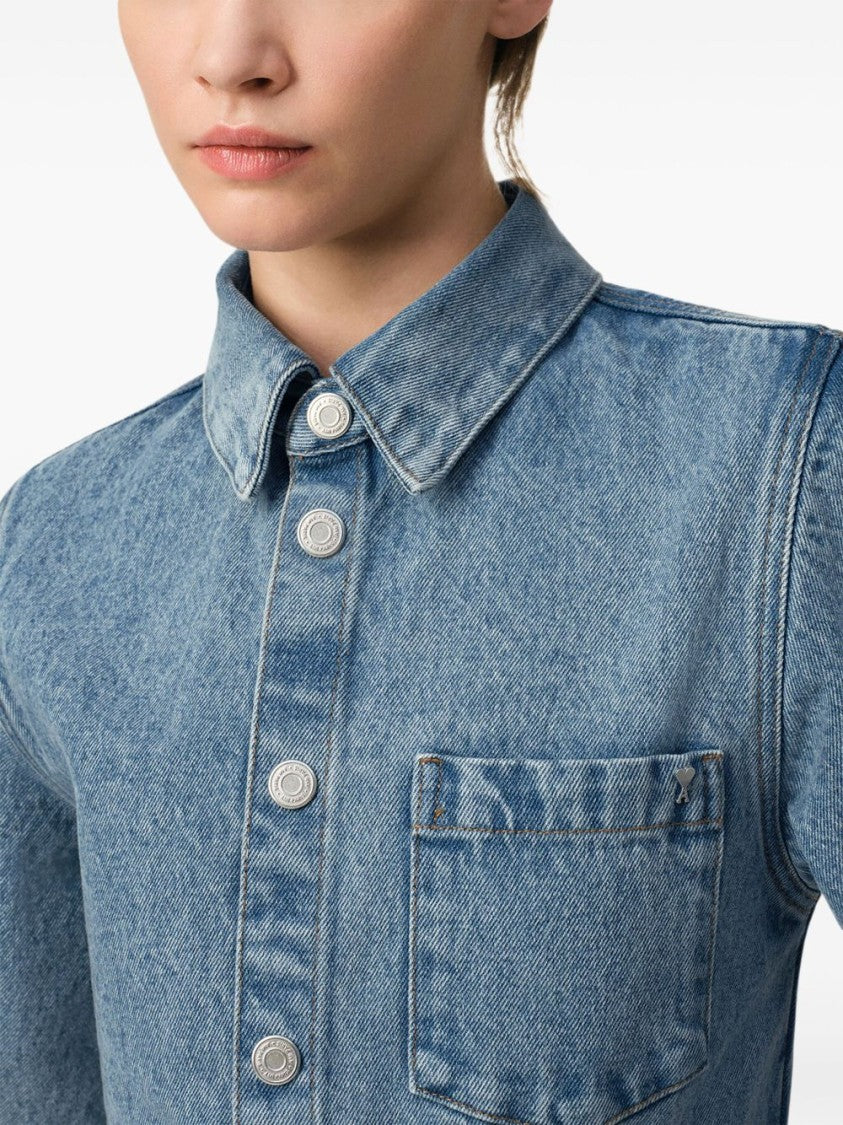 Ami Button-Down Blue Dress With Wide Sleeves And Inset Pockets
