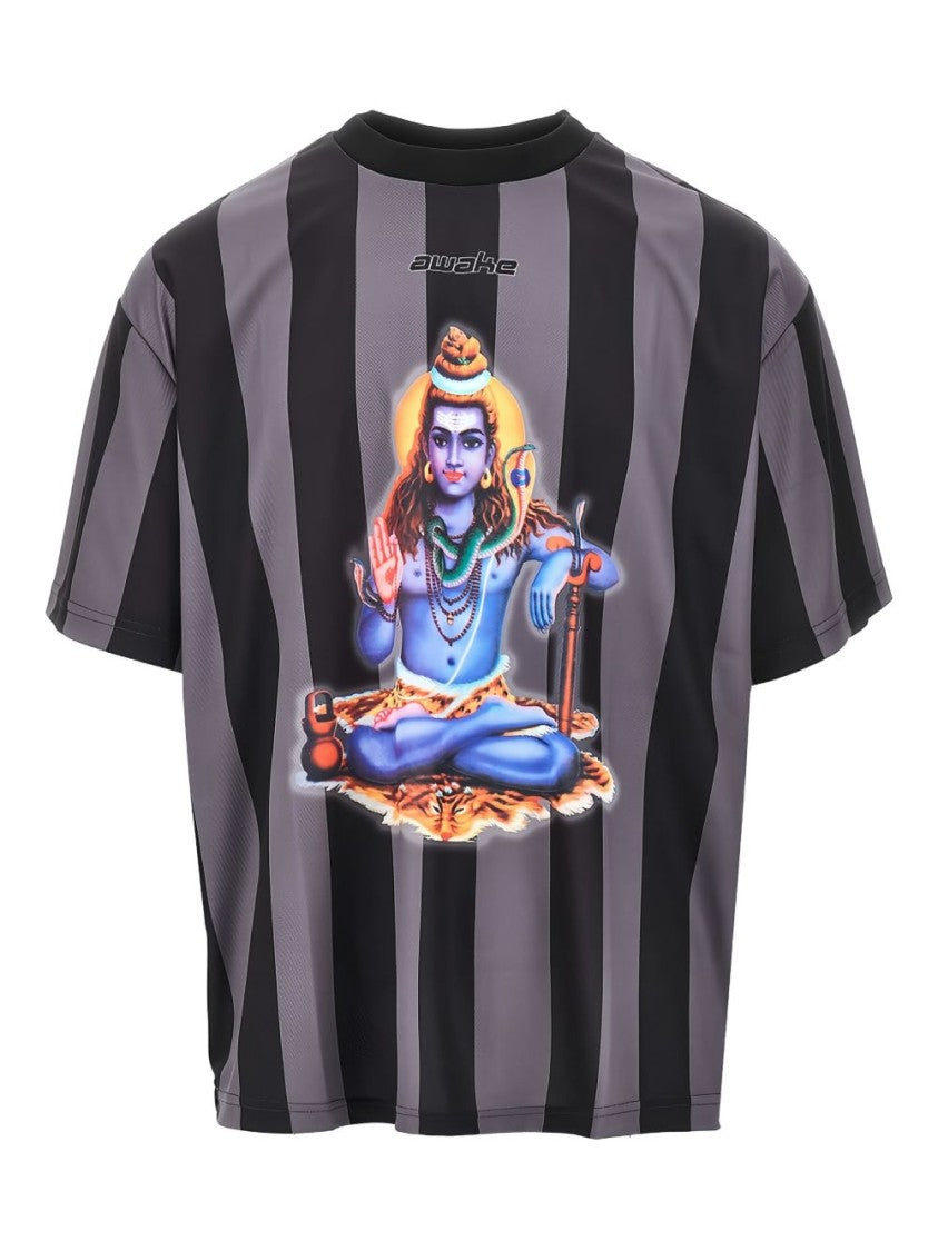 Awake Ny Short-Sleeved Black Waffle T-Shirt With Striking Graphic Print