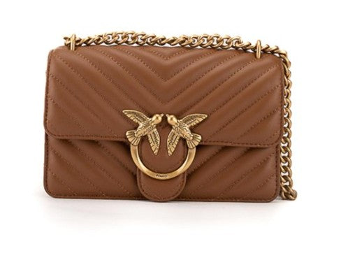 Pinko Quilted Brown Handbag With Chevron Pattern And Gold-Tone Clasp