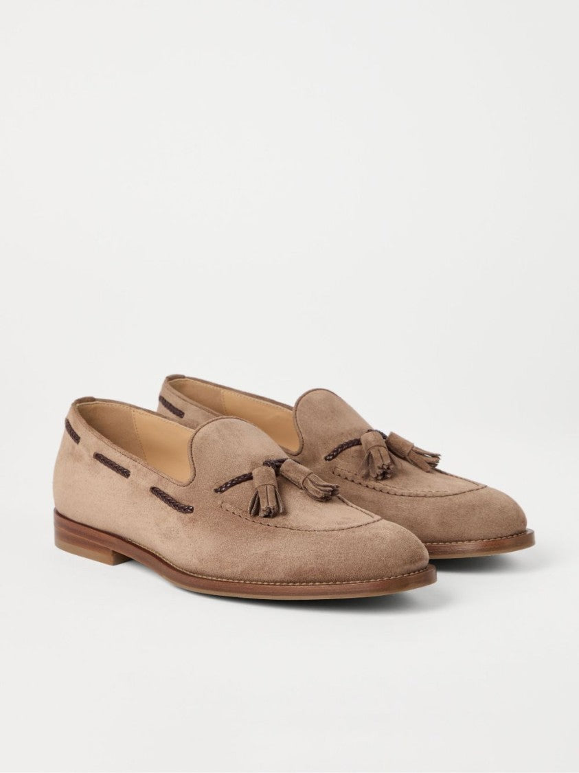 Brunello Cucinelli Braided Leather Detail Suede Loafers