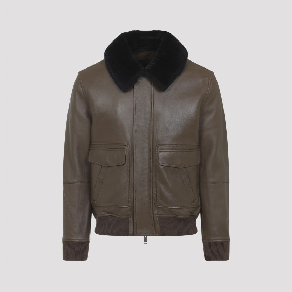 Yves Salomon Lamb Leather Jacket With Black Fur Collar And Flap Pockets
