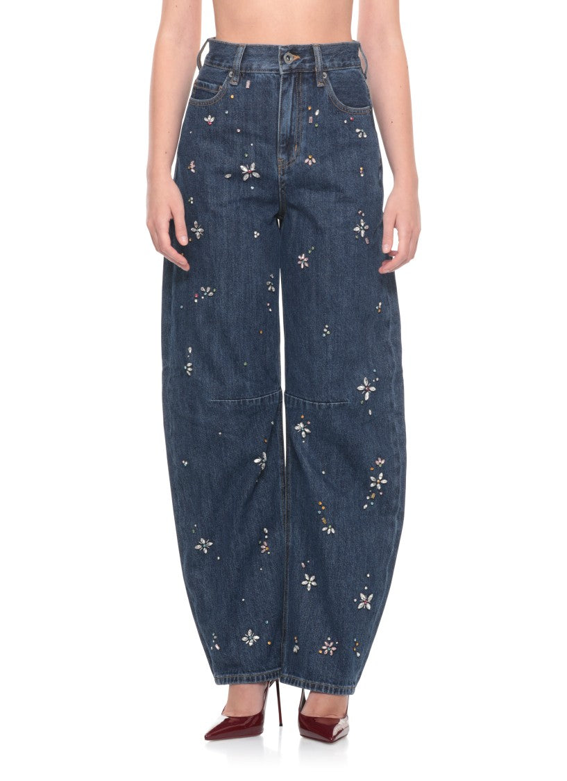 Self-Portrait Wide-Leg Cotton Jeans With Strass Floral Embellishments