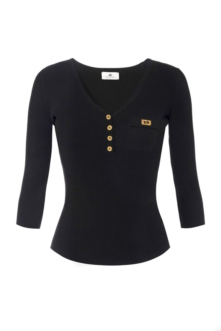 Elisabetta Franchi Fitted Black Sweater With Deep V-Neckline