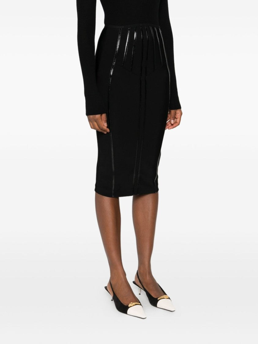 Elisabetta Franchi Black Midi Skirt With Glossy Vertical Accents