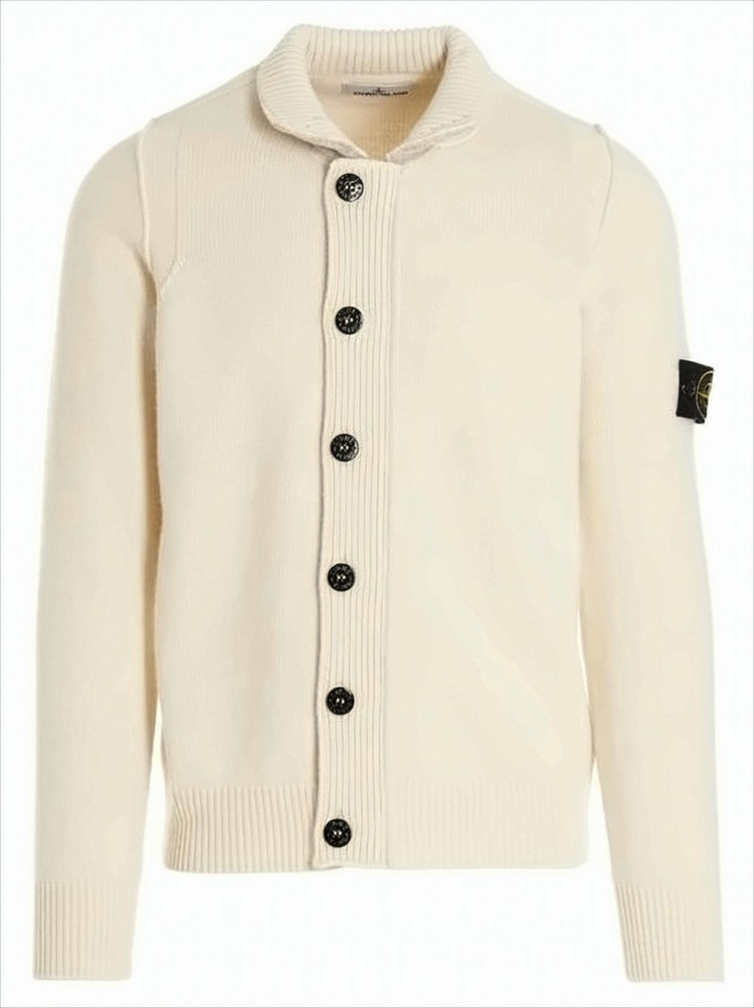 Stone Island Creamy Knit Cardigan With Iconic Patch