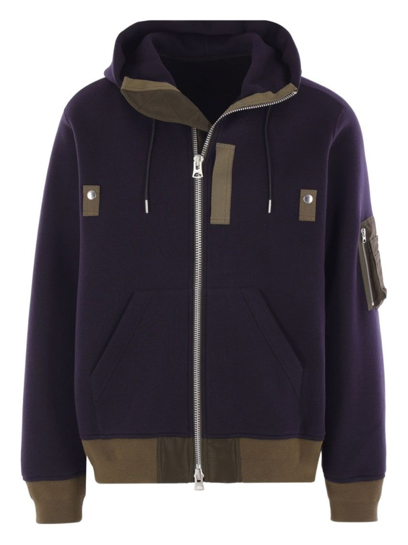 Sacai Hooded Zip-Through Sweater With Olive Green Accents